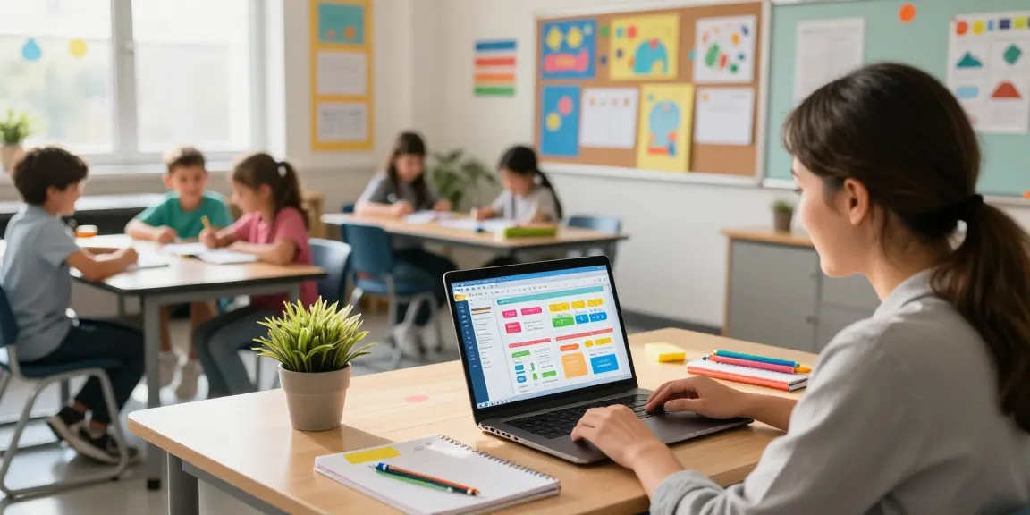 Teacher using EMStudio online teacher planner in a bright, engaging classroom, enhancing lesson planning and classroom management.