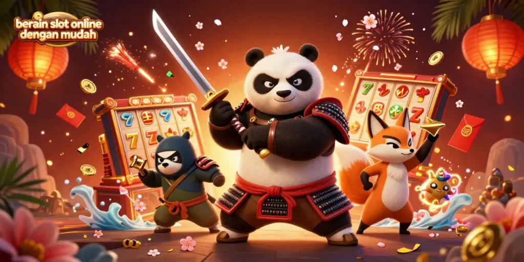 Bermain slot online dengan mudah dengan ilustrasi kasino 3D yang menampilkan panda samurai dan rubah ninja.