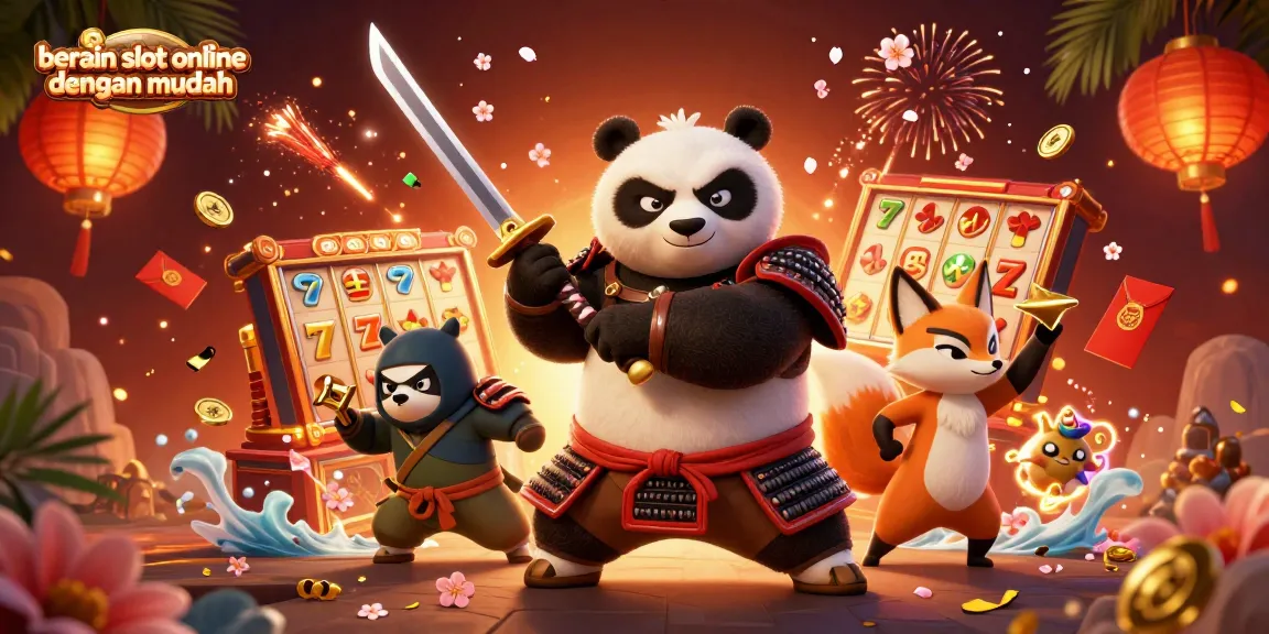 Bermain slot online dengan mudah dengan ilustrasi kasino 3D yang menampilkan panda samurai dan rubah ninja.