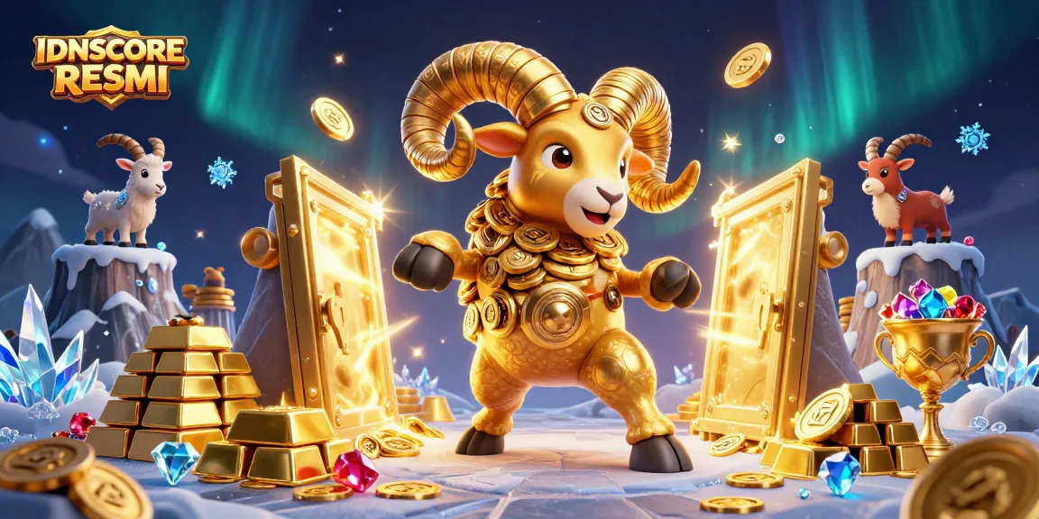 IDNSCORE RESMI showcases a golden ram charging through a treasure-filled casino scene, inviting gamers to join the excitement.