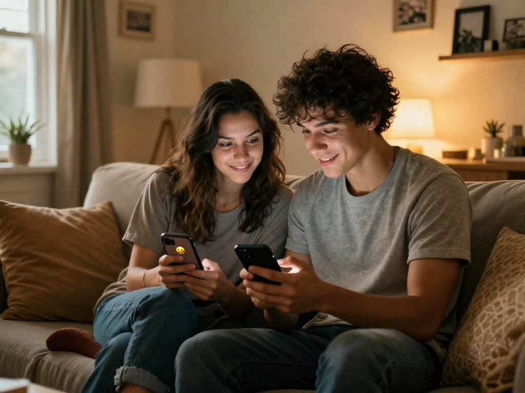 Engaging in sexting ai with playful emojis while enjoying cozy moments together.