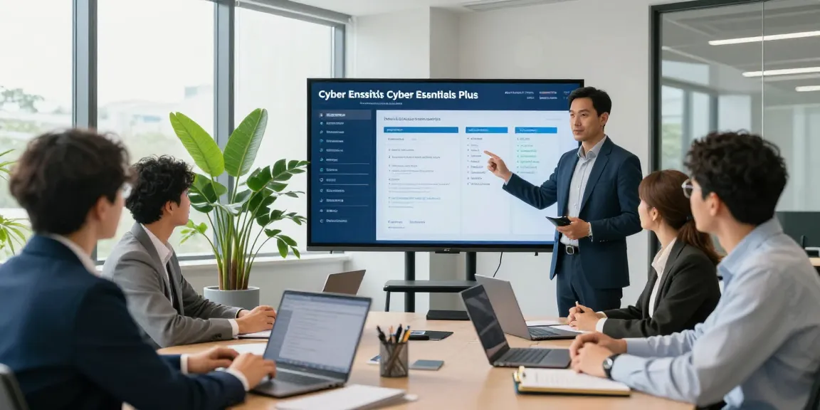 Business professionals discussing cyber essentials vs cyber essentials plus in a modern office setting.