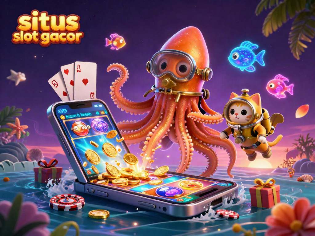 Spark winning adventures with situs slot gacor featuring a kraken, diving cat, and vibrant casino elements!