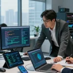 Investigative team working to recover stolen cryptocurrency with data analytics tools in a modern office.