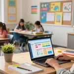 Teacher using EMStudio online teacher planner in a bright, engaging classroom, enhancing lesson planning and classroom management.