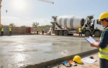 Workers utilizing NAGA2000 for precise concrete leveling on a sunny construction site.