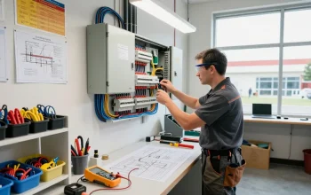 Electrician certification guide in a vibrant workshop with an electrician inspecting panels and tools.