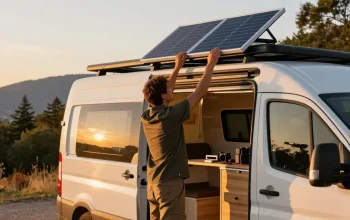 Campervan upgrade scene showcasing solar panel installation with ROKOK88 tools and adventurous spirit.
