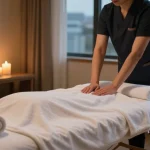 신촌출장안마 service in a cozy hotel room with a professional massage setup.