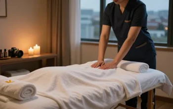 신촌출장안마 service in a cozy hotel room with a professional massage setup.
