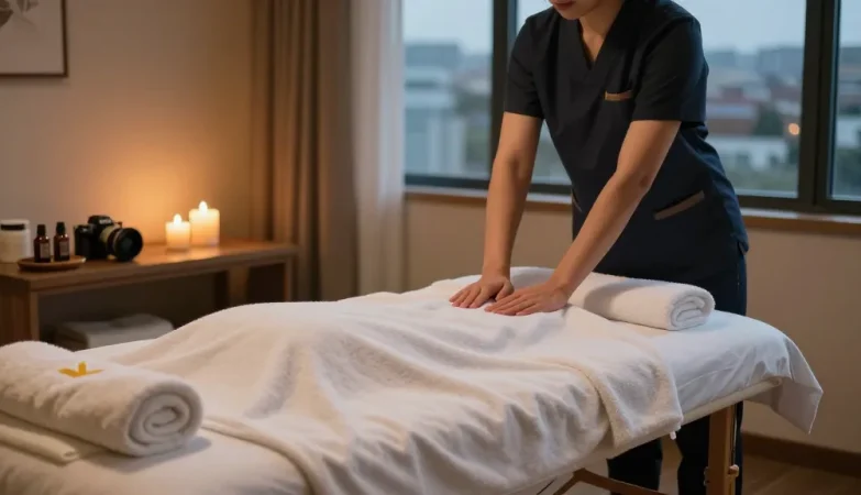 신촌출장안마 service in a cozy hotel room with a professional massage setup.