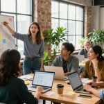 Collaborative startup team at https://www.startsomethingpc.com brainstorming innovative business ideas in a bright co-working environment.