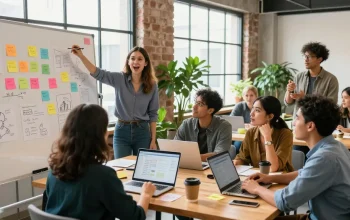 Collaborative startup team at https://www.startsomethingpc.com brainstorming innovative business ideas in a bright co-working environment.