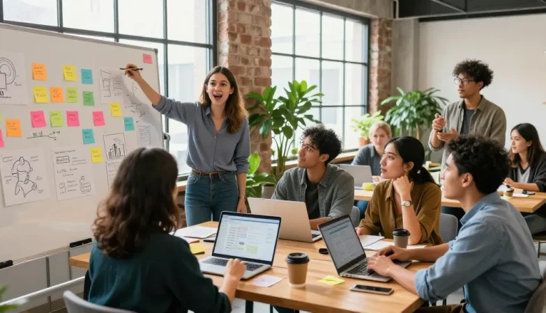 Collaborative startup team at https://www.startsomethingpc.com brainstorming innovative business ideas in a bright co-working environment.